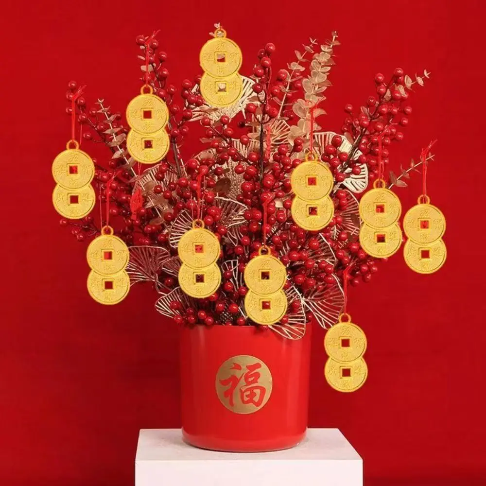 6pcs/10pcs Year of the Dragon Potted Plant Waterproof Gold-Plated Plastic Bonsai Ornament Sunscreen With Tassels And Lanyards