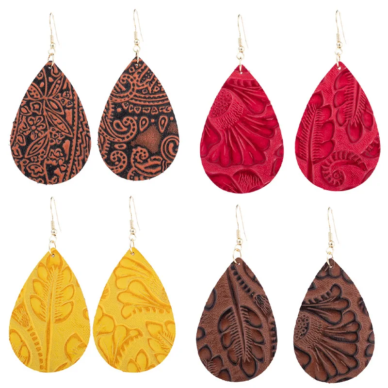 S3283 Fashion Jewelry Dangle Women's Leather Earrings Embossing Water-drop Real Leather Earrings