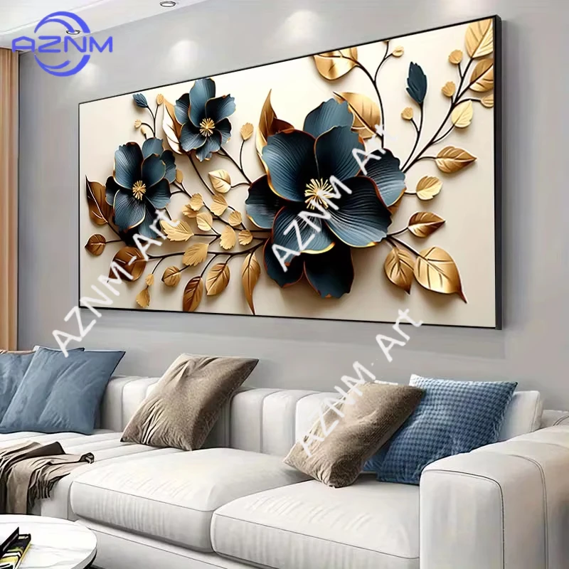 1 Stück, flaches, rahmenloses, modernes Leinwandgemälde mit goldenen und blauen Blumen, modernes Leinwandposter für Schlafzimmer- und Wohnzimmerdekoration
