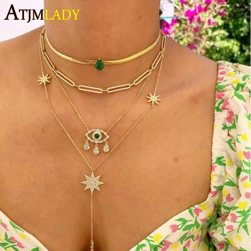Water Drop Green CZ Paved 32+10cm Herringbone Chain Necklace Choker Gold Color Fashion Women Fashion New