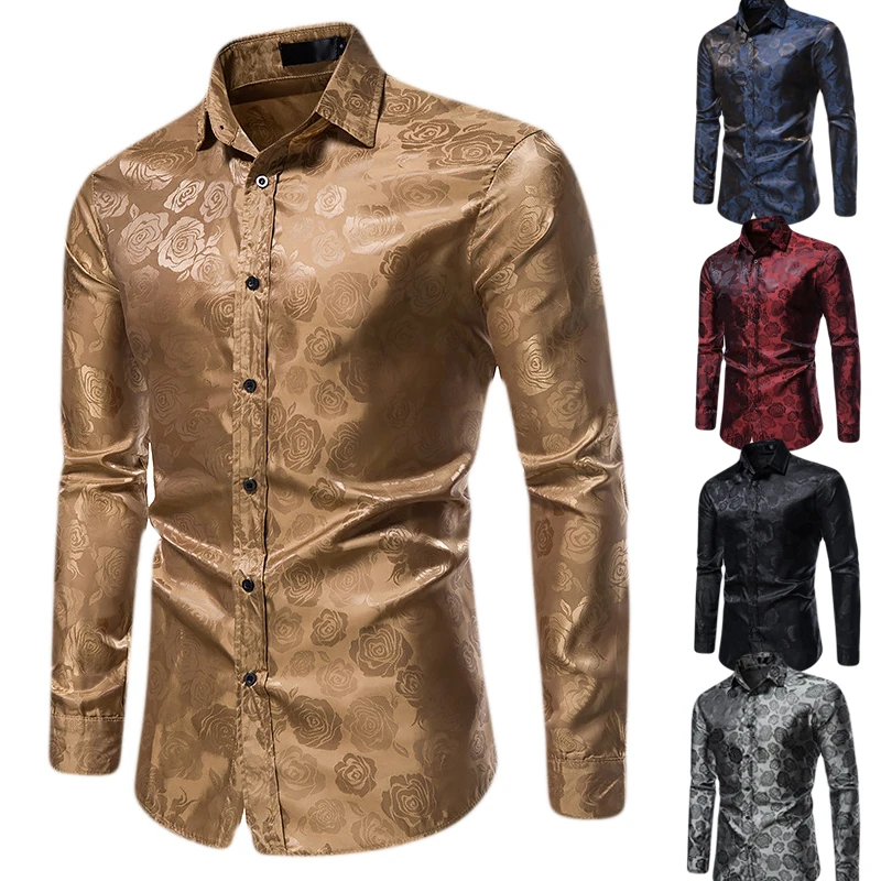 Men\'s Long Sleeve Shirt  Rose Print Casual Button Shirt Slim Fit Formal Shirt Noble Luxury Bronze Shirt Palace Style Shirt