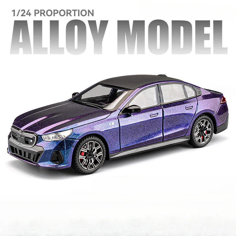 Diecast Miniature Voiture 1/24 BMW I5 M60 Alloy Car Model with Sound Light Children Boy Toy Vehicle Birthday Gift Home Decor