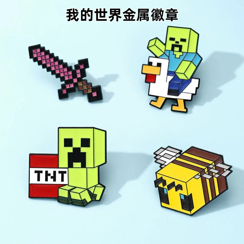 4pcs My World Metal Badge Pin Cute Pixel Wind Bee Brooch Versatile Bag Accessories Gift for Friends