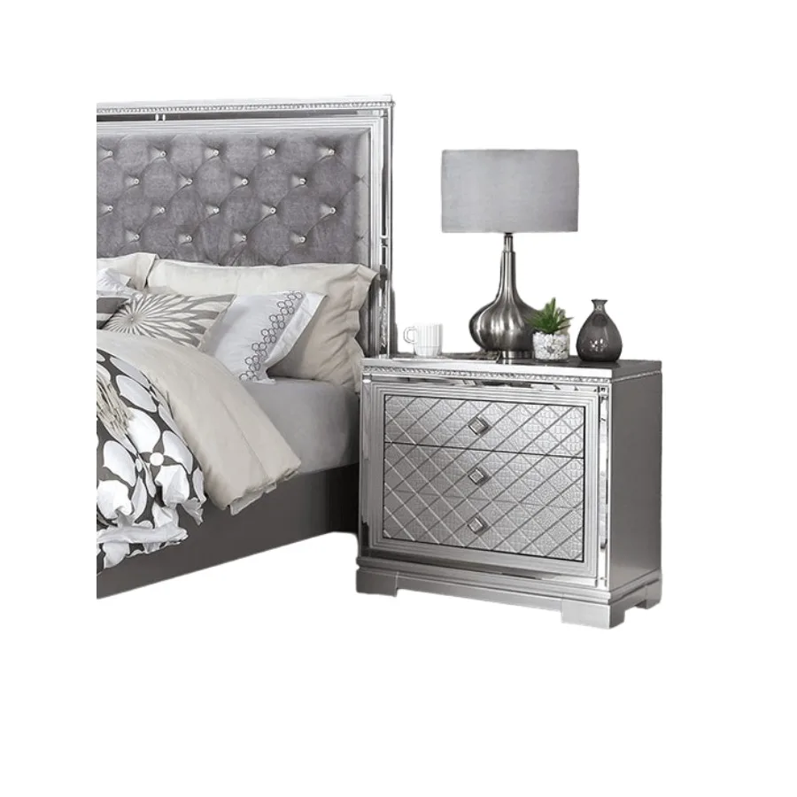 لمسة نهائية فضية قطعة واحدة من منضدة بجانب السرير ودرج مجوهرات مخفي ومقبض مربع من الكروم وشاحن USB وأثاث غرفة النوم