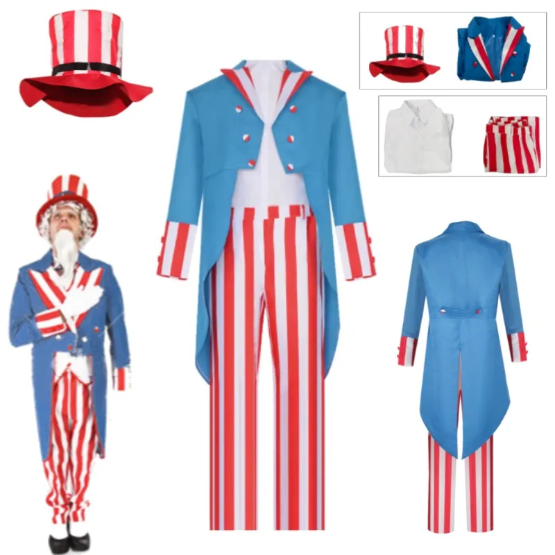 

Uncle Sam Cosplay Costume The Purge Election Year Horror Outfit Full Set Red White Blue Suit with Mask for Men Halloween