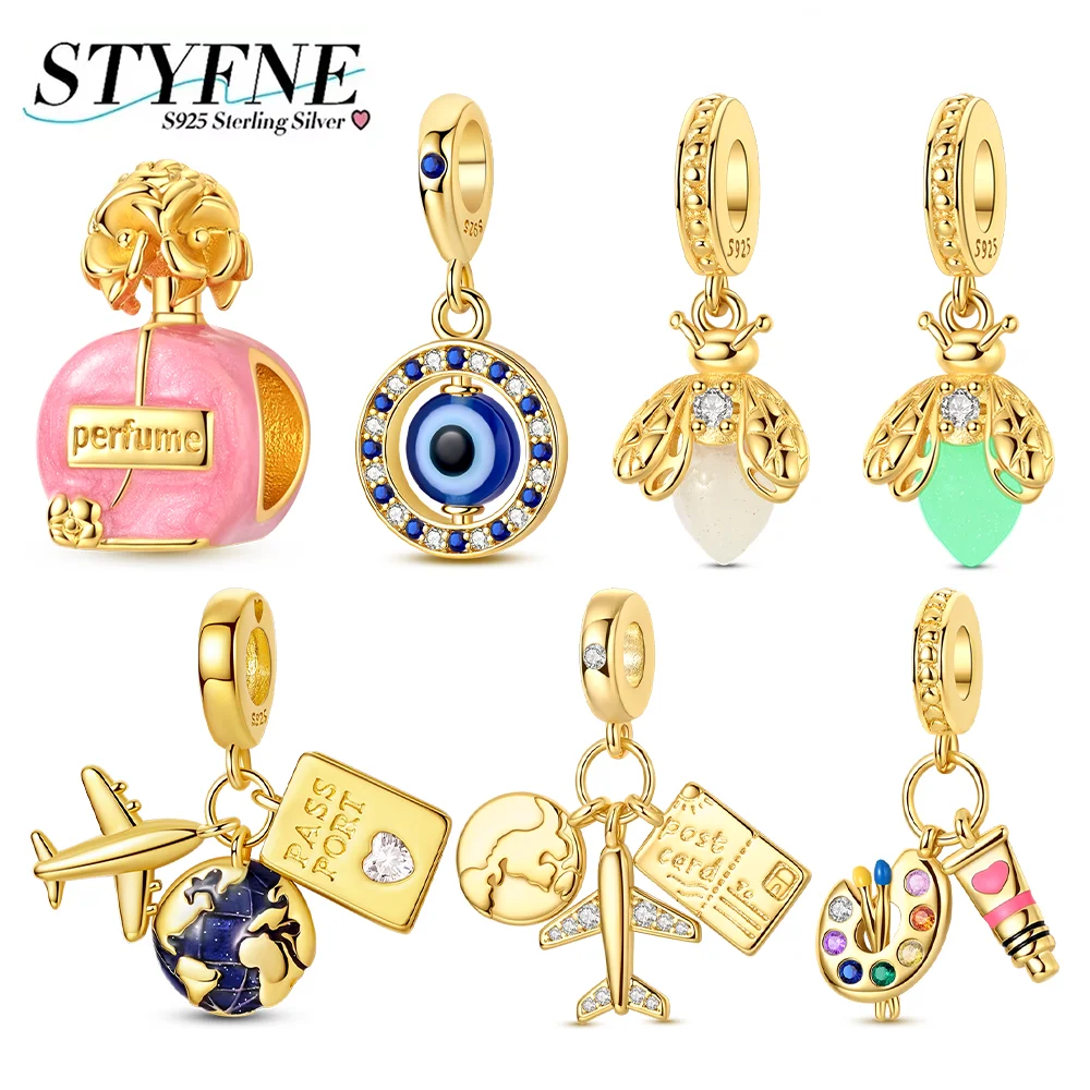 

925 Silver Gold Charms Perfume Airplane Earth Palette Beads Luminous Firefly Pendant Fit Bracelet Woman DIY Jewelry Making