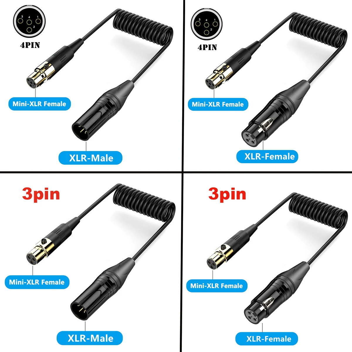 XLR Male to Mini XLR Female Adapter Coiled Cable, 3-pin Male & Female to 4-pin Mini XLR Female Adapter Coiled Cable