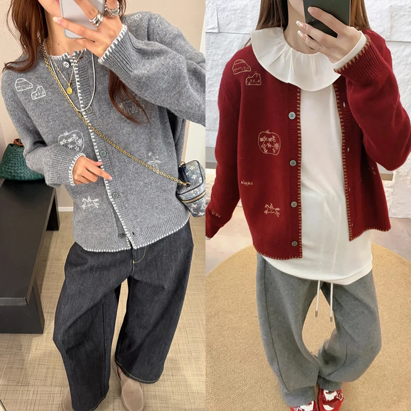 

Early Spring 2026 Women's Knitted Open Cardigan Embroidered Gold Tead round Ne Single Button Prairie Sle Long Sve