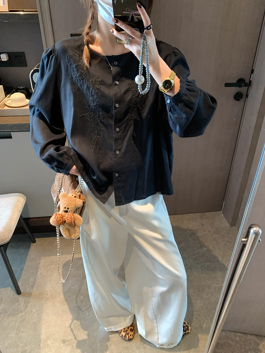 

Новая легкая дышащая рубашка с вышивкой и круглым вырезом, свободного кроя, с длинными рукавами, для ранней весны