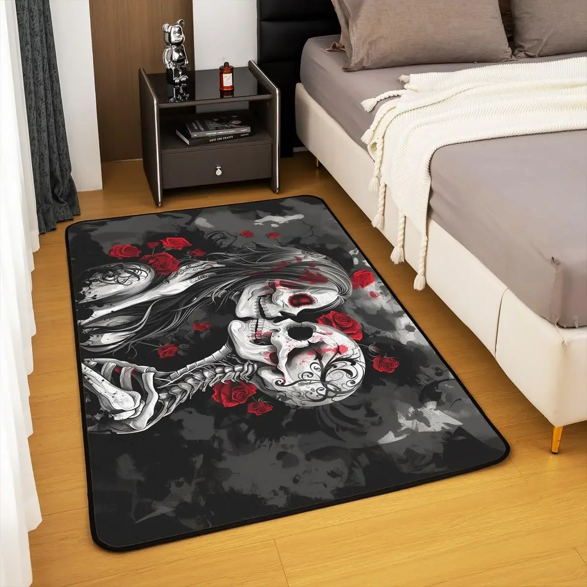 

VIKAMA Готический Череп Пара Фланелевой Ковер Красная Роза Скелет Кости Напольный Коврик Гостиная Спальня Большие Коврики Нескользящий Домашний Декор