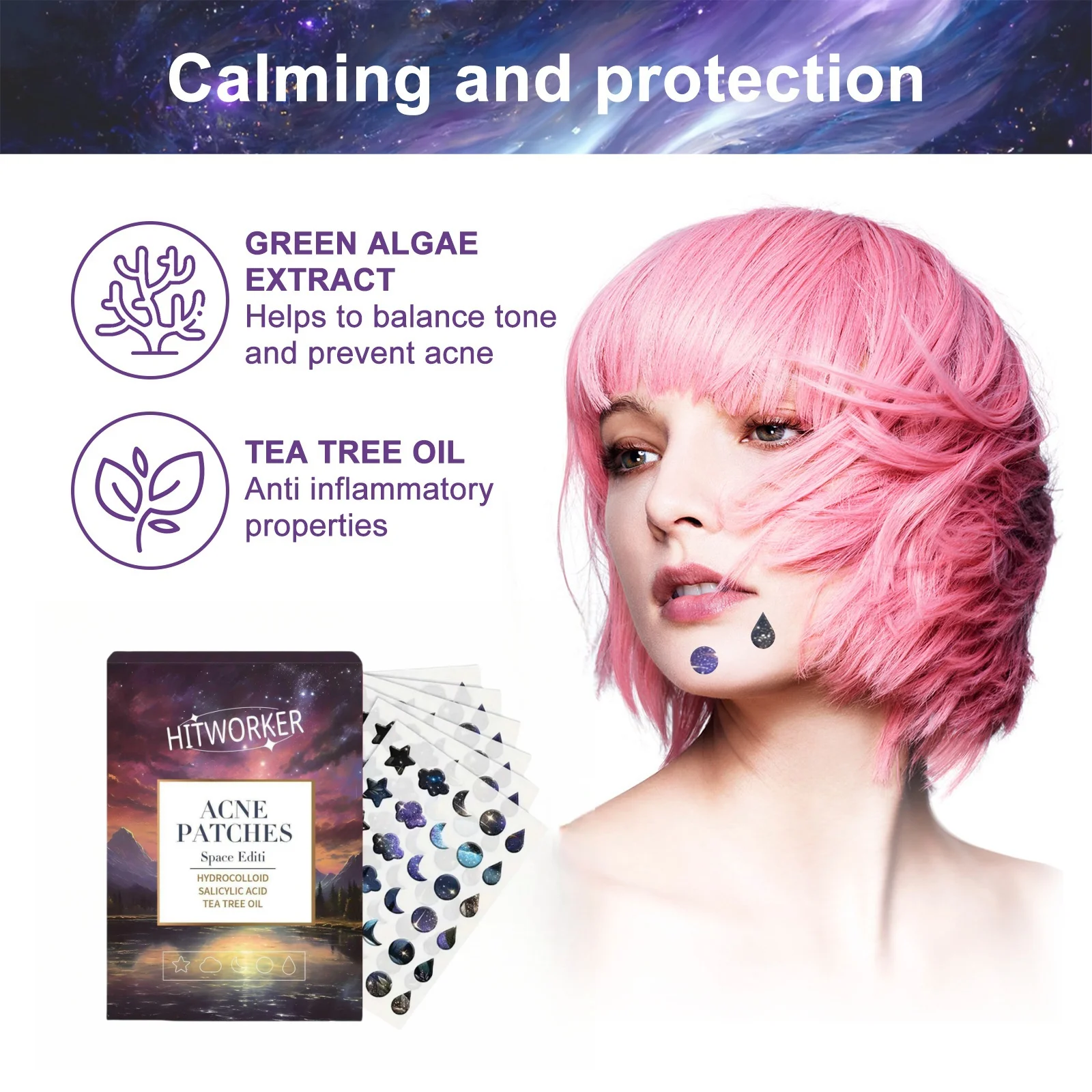 180pcs/box of water-based tea tree oil acne patches, space version designed acne stickers, facial skincare products, Halloween image 4