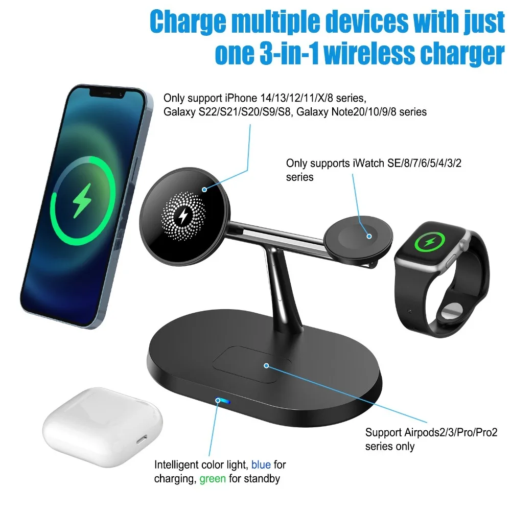 3-in-1 Magnetisches Kabelloses Ladegerät und Telefonhalter für Magsafe iPhone 17~12 Samsung Xiaomi Apple Watch Airpods Pro 4/3 Schnelles Aufladen – Detail 5