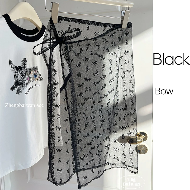 Black Bow Lace Tulle Skirt Overlay Wear The New Lace-up Skirt Korean Personality Overlay Gauze Butt Curtain