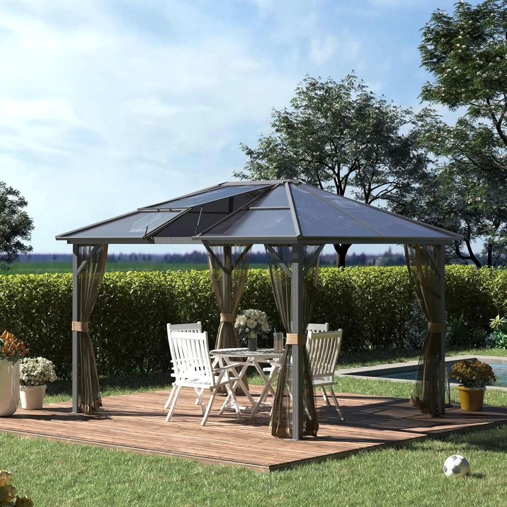 

10' x 12' Hardtop Gazebo Canopy with Polycarbonate Roof, Aluminum Frame, Permanent Pavilion Outdoor Gazebo