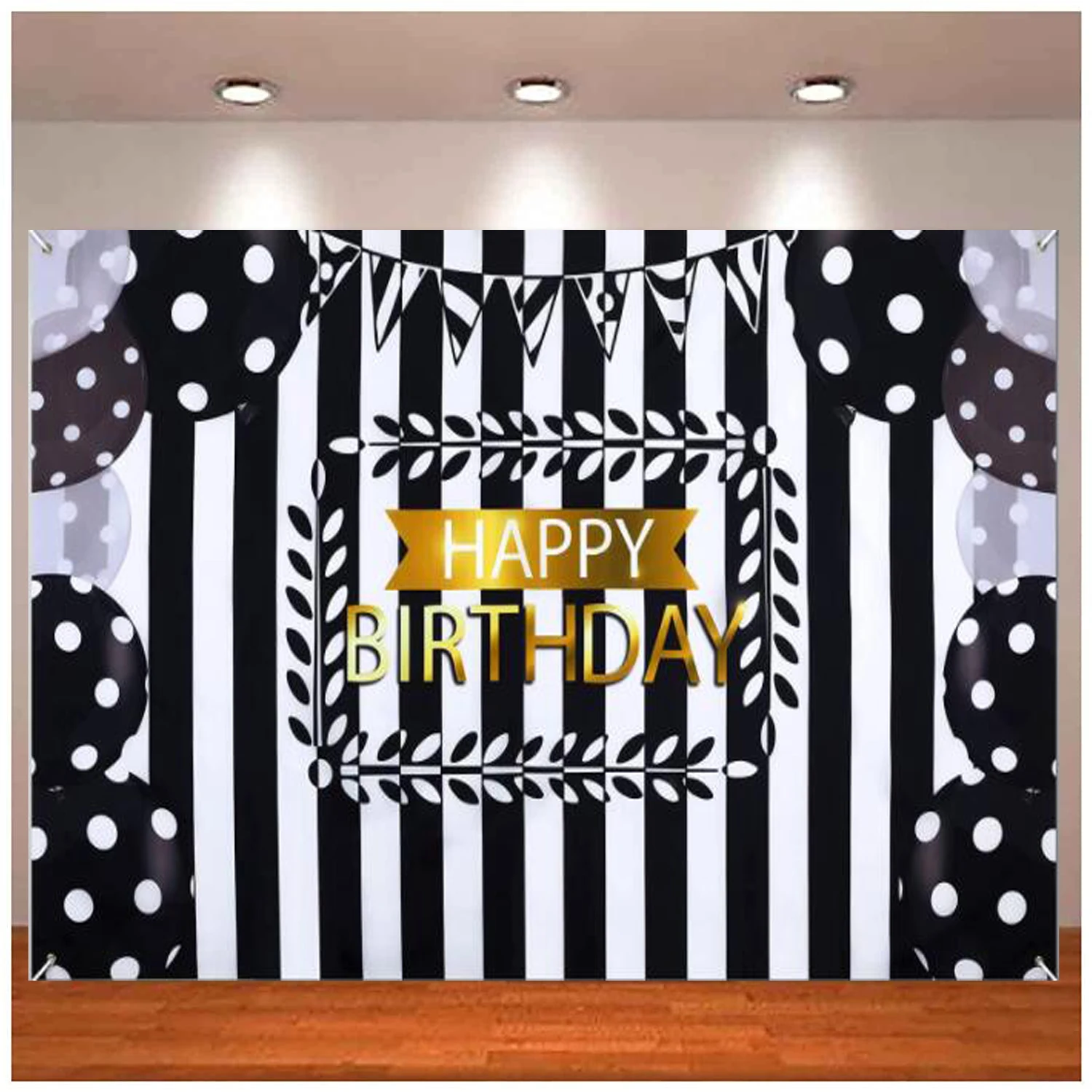 Fondo de fotografía con globos blancos y negros, decoración de rayas, feliz cumpleaños para mujeres y hombres, suministros de fiesta de aniversario
