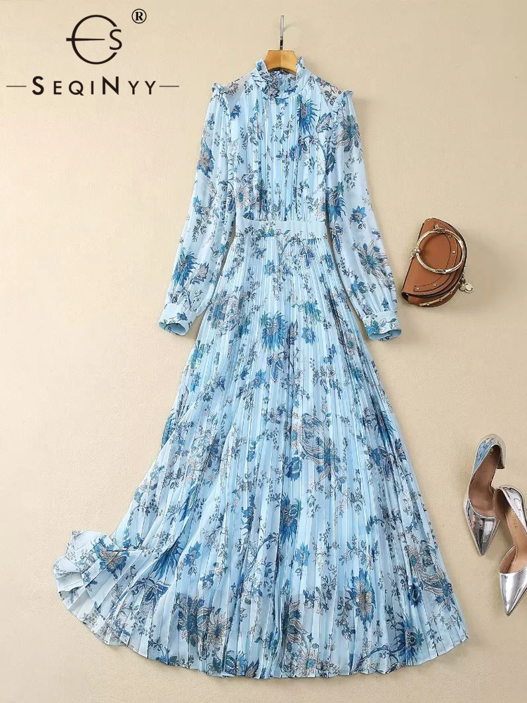 

SEQINYY Elegant Midi Dress Summer Spring New Fashion Design Women Runway High Street Vintage Blue Flower Ruffles Pleated
