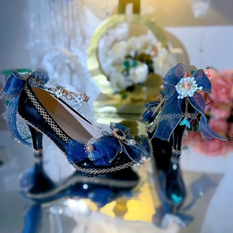 Original Handmade Versatile Lolita Shoes Stylish 18 Year Old Adult Gift High Heels Cute Girl Loli 8cm Heels Blue Bow Pumps