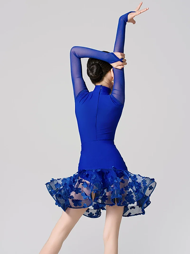 Blue Long Sleeve Latin Dance Big Skirt Hem Dress Girls Kids Bodysuit with Skirt Practice Performance Set Dancewear Costumes