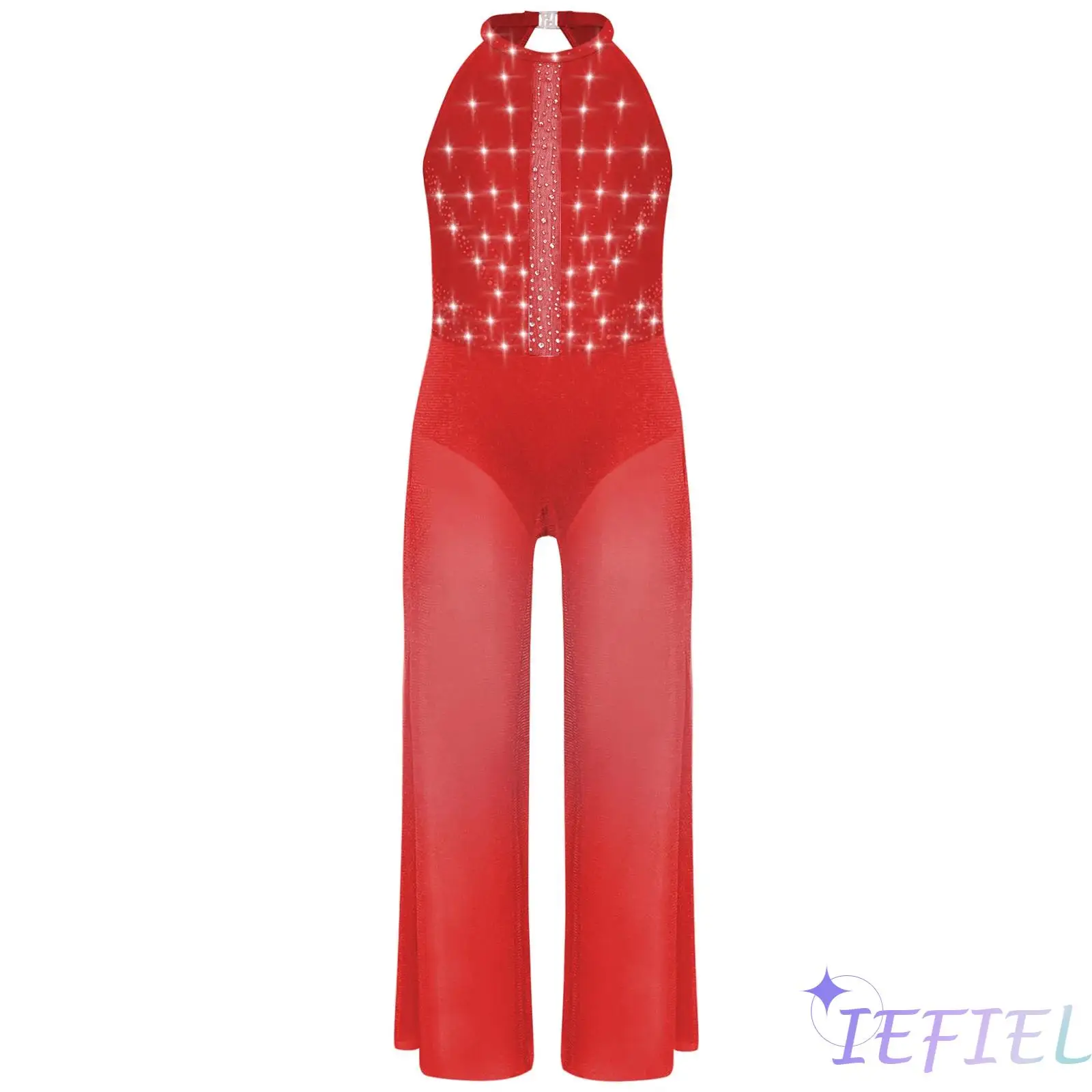 

Kids Girls Jazz Dance Bodysuit Shimmery Rhinestone Sleeveless Keyhole Back Wide-Leg Gymnastics Jumpsuit with Built-in Briefs
