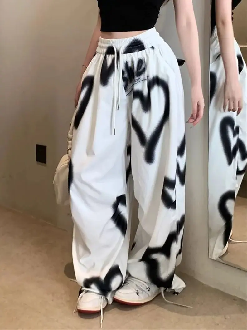 

High Waist American Pants Hip Hop Love Graffiti Women Casual Oversized Pants Y2k Autumn Fashion Elastic Versatile Loose Trousers