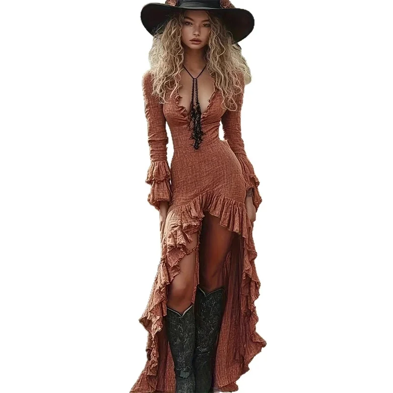 Vintage Floral Ruffle Irregular Hem Long Maxi Dress Deep V Neck Bowknot Long Sleeve For Women Autumn Party Boho Romantic