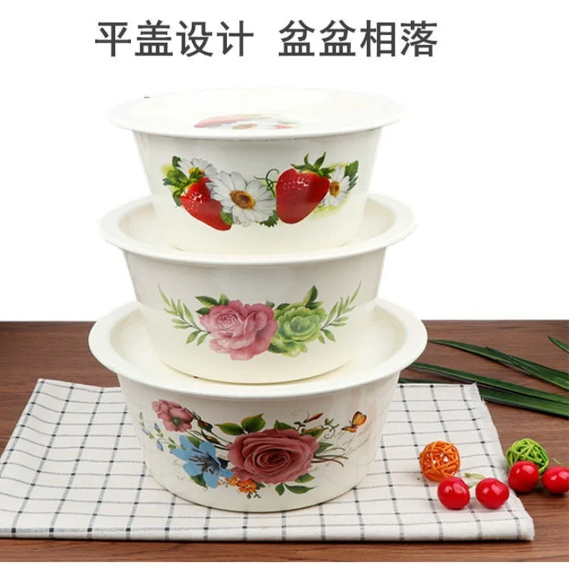 Floral Pattern Extra Thick Enamel Bowl with Lid Lard Bowl Fresh-keeping Bowl Nostalgic Hand Washing Bowls Soup Bowls Soup Pot