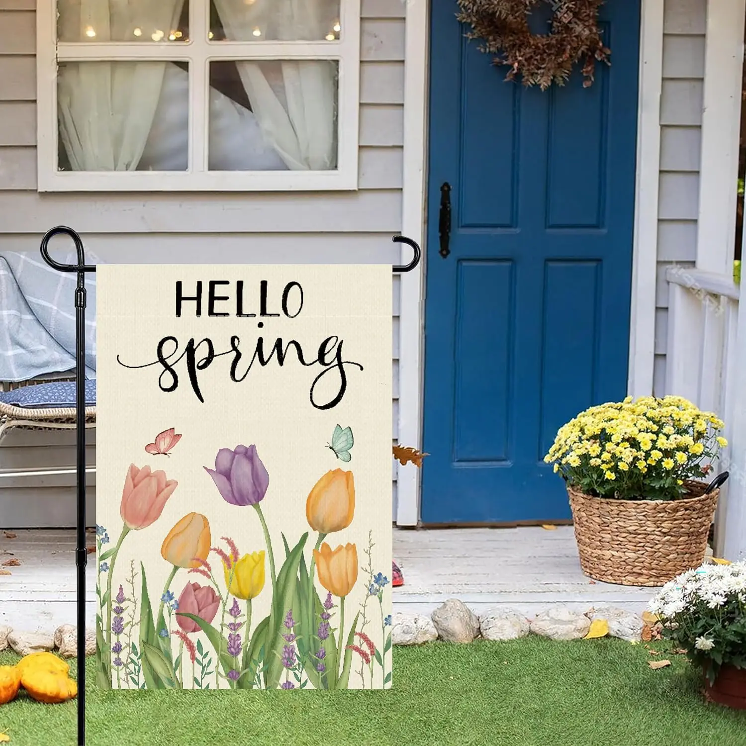 Hello Spring Floral Garden Flag 12x18 Inch Double Sided for Outside, Flowers Small Burlap Seasonal Yard Flag for Outdoor Dec hhz