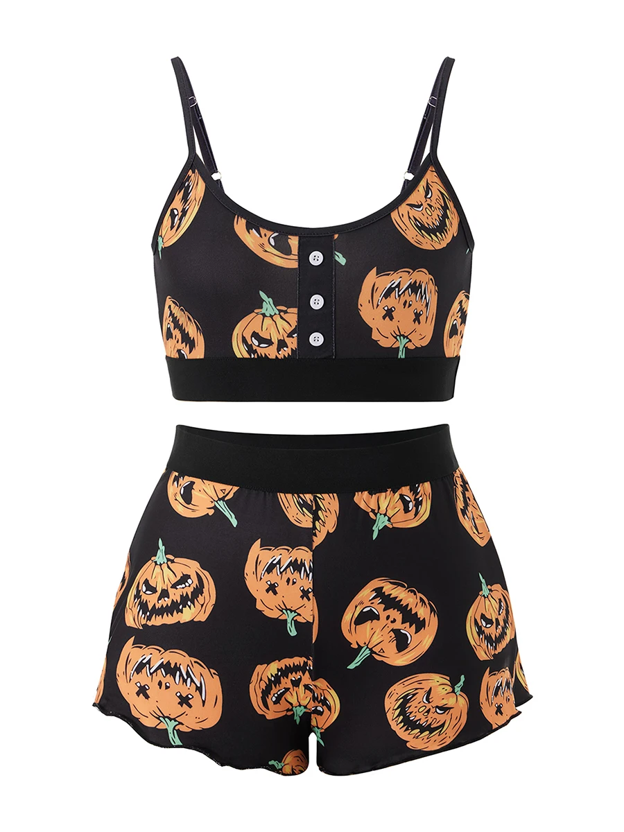 Women Halloween Shorts Set Scoop Neck Sleeveless  Fit Crop Camis Shorts Black Cat Pumpkin Print Outfits