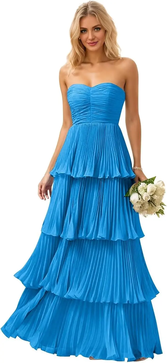 レディース ストラップレス ストラップレス ボールガウン、シフォンレイヤード、パーティーガウン、フリル付きブライズメイドガウン、レディース エレガント フォーマル イブニングガウン