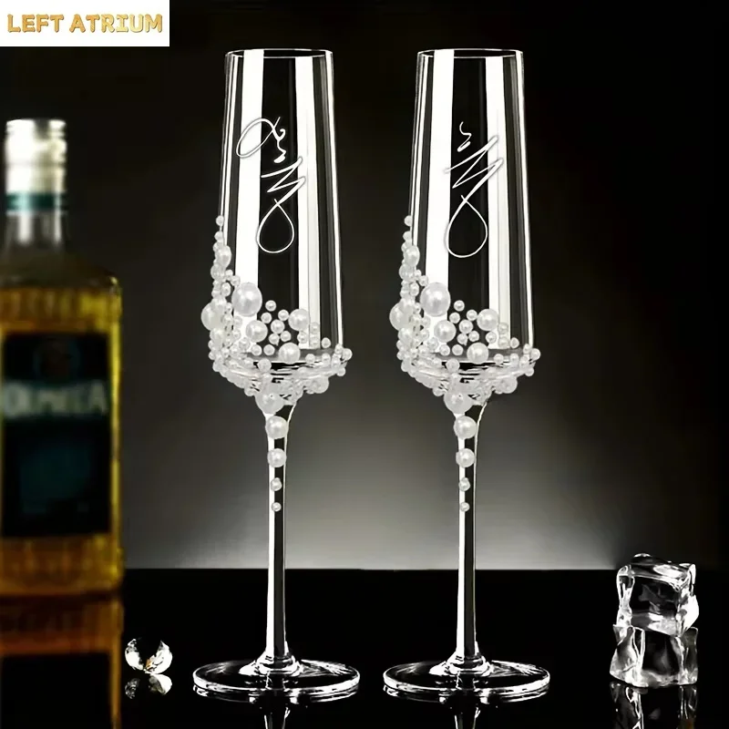 2Pcs Handcrafted Clear Crystal Champagne Glasses with Cursive Script Design Elegant Pearl Glassware for Weddings