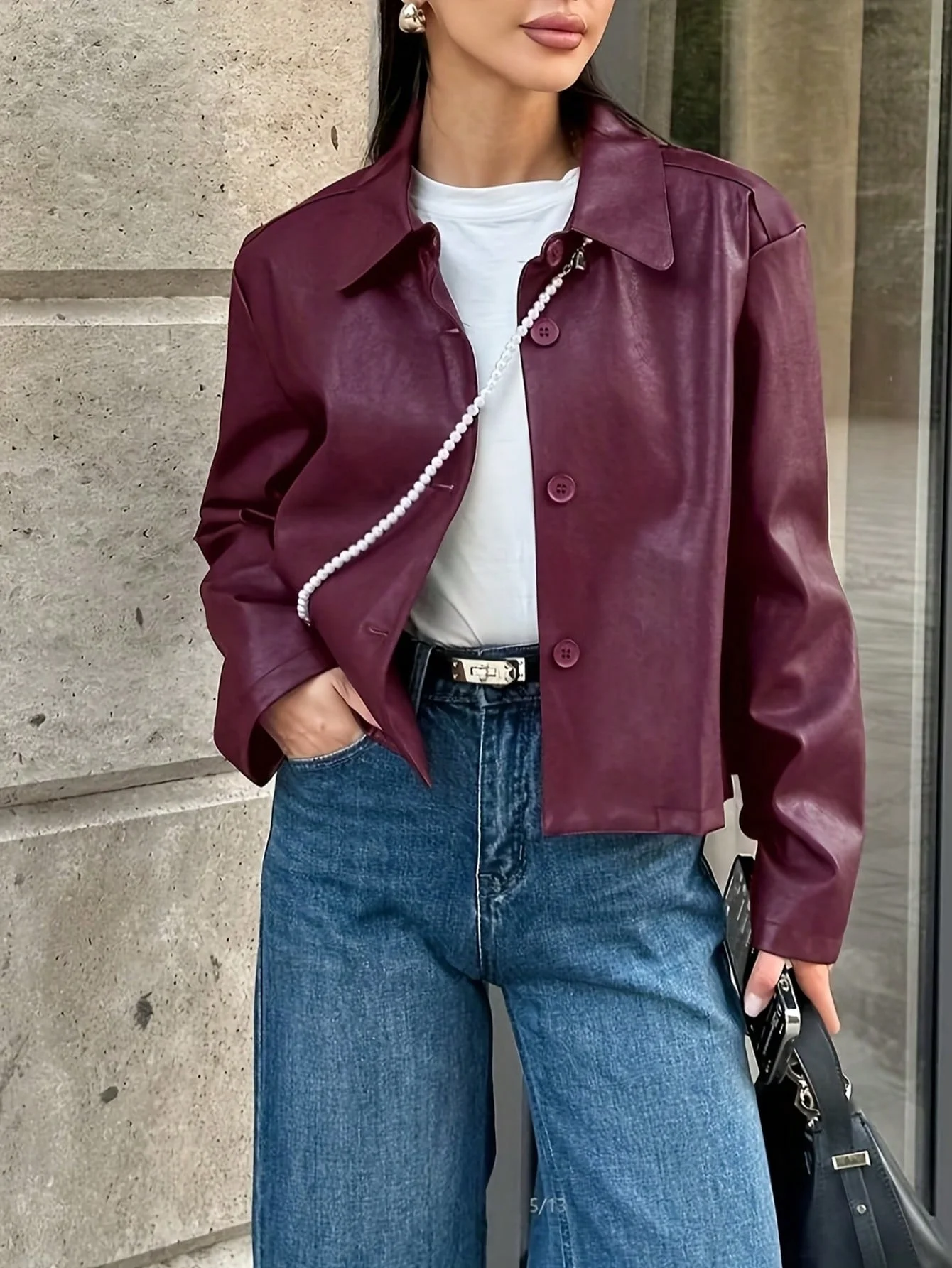 Women's Burgundy Pu Leather Jacket, with a Turn-Down Collar, Long Sleeves, Button Closure, Regular Fit, a Must-Have for Autumn