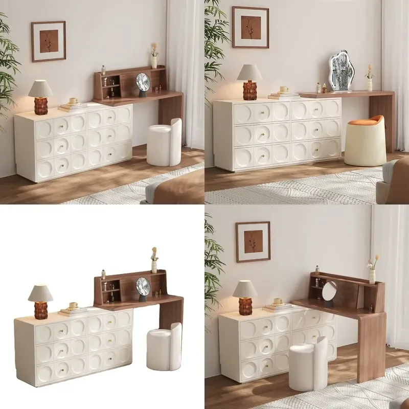 Italian Minimalist Dresser with Retractable Drawers Integrated Solid Wood Corner Locker Cream