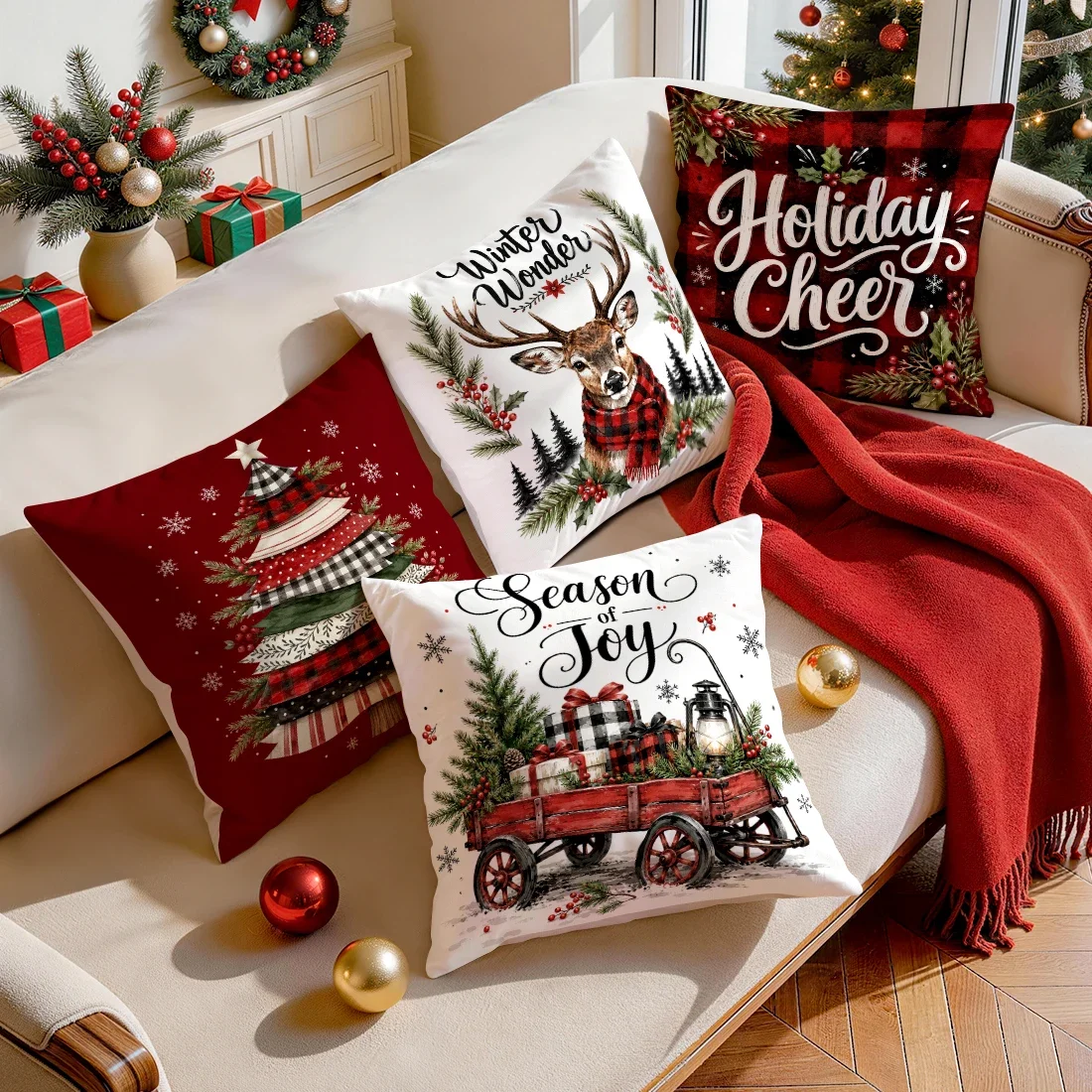 Red Black Checkered Reindeer Christmas Cushions Pillowcase Polyester Cushion Cover Throw Pillow Pillowcover Home Car Sofa Decor