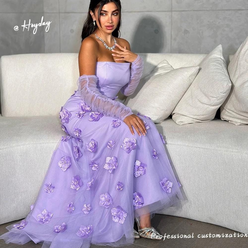 Heyday Strapless Formal Party Dress Saudi Flowers Elegant Mermaid Crepe Floor Length Appliques Evening Dresses Luxury 2024