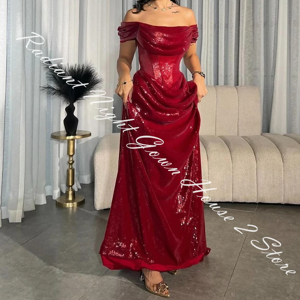 Customized Satin A-Line Off the Shoulder Evening Dress Strapless Floor Length Lace Up Back Short Sleeves Panel Train Burgundy