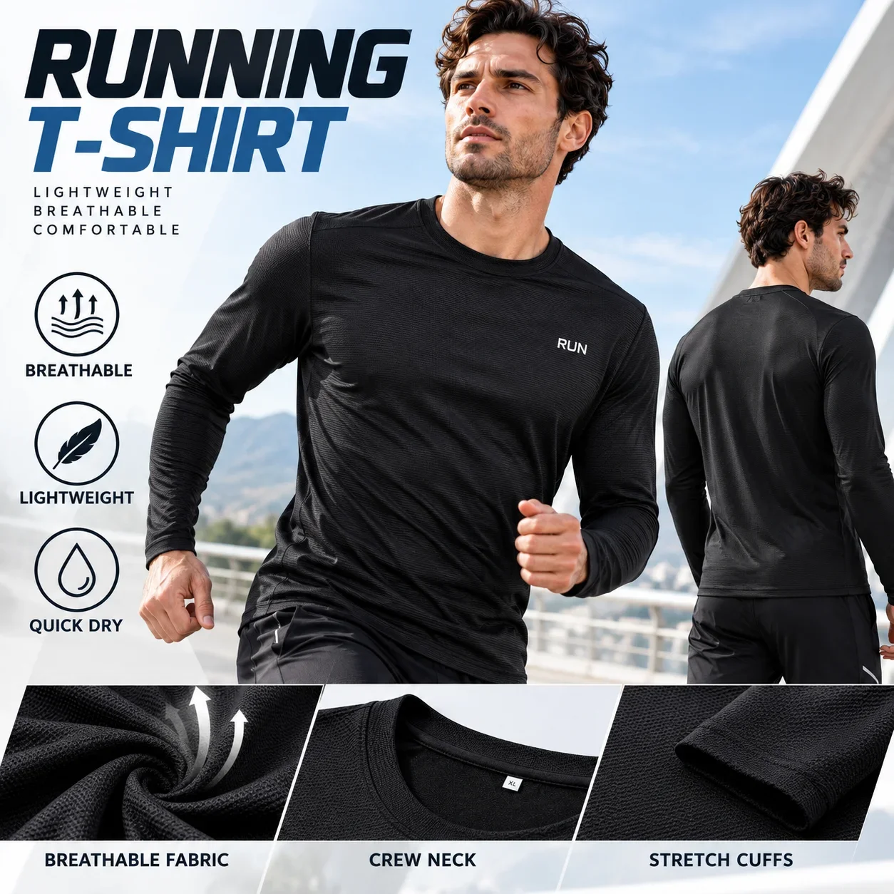 Mens Performance Running Shirt Long Sleeve Quick Dry Breathable Sports Top for Fishing Outdoor Gym Workout Fitness Training