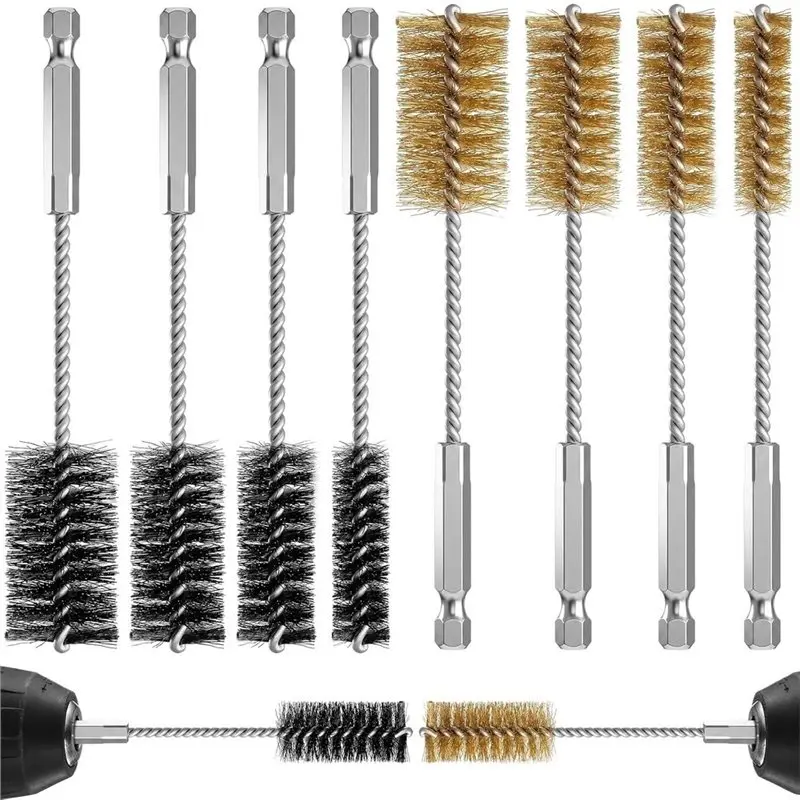 AT51-8 Pcs Stainless Steel & Copper Wire Brush For Drill Bore Brush Set With Hex Shank Handle Wire Brushes For Drill Ports