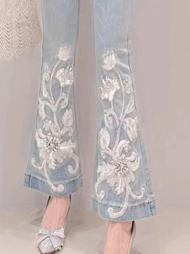 

Heavy industry nail bead flower fashionable cropped pants women autumn new high waisted slimming elastic flared pants
