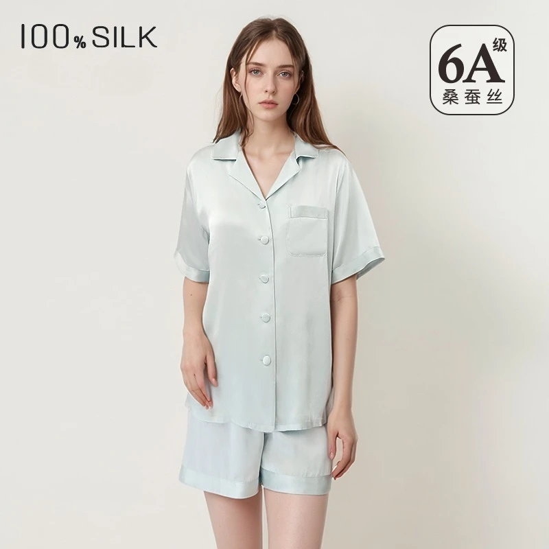

2026 Summer Women's 100% Mulberry Silk Pajamas Set Short Sleeves Shorts Stylish Lounge Wear Outdoor Wear Home L Size 2 Pieces
