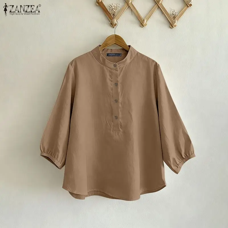 

Женская блузка ZANZEA на пуговицах, винтажная рубашка с круглым вырезом, рукав 3/4, хлопковая, однотонная, свободная, для работы