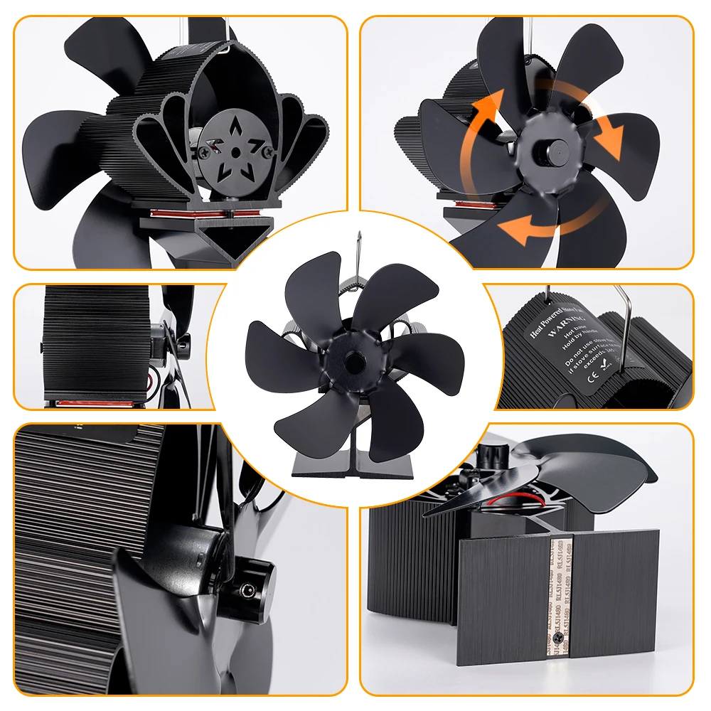 6 Blades Heat Powered Stove Fan Black Fireplace Fan Log Wood Burner Eco-fan Quiet Heater Home Efficient Heat Distribution