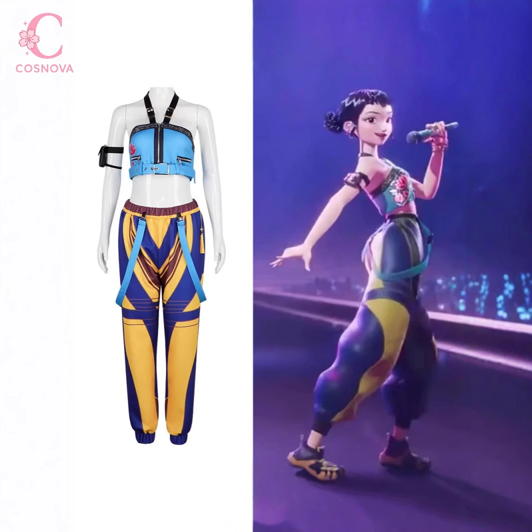 Kpop شيطان الصيادين تأثيري حلي فتاة مجموعة الزي المحاصيل الأعلى السراويل الصفراء تسخير حزام مجموعة مرحلة الأداء حفلة الهالوين