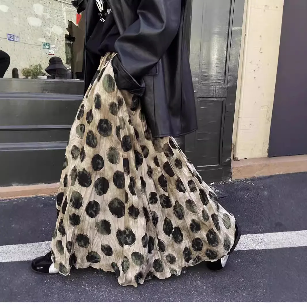Women's Vintage Polka Dot Pleated Maxi Skirt, High Waist A Line Flowy Long Skirt, Casual Daily Streetwear