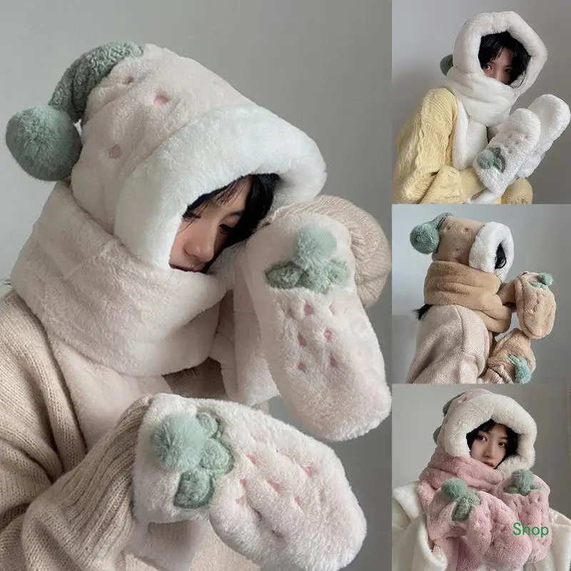 Dropship One-piece Wrap WARM Plush หมวกผ้าพันคอถุงมือ One-piece หมวกผู้หญิงฤดูหนาวหนาหมวกผ้าพันคอถุงมือ Keep WARM