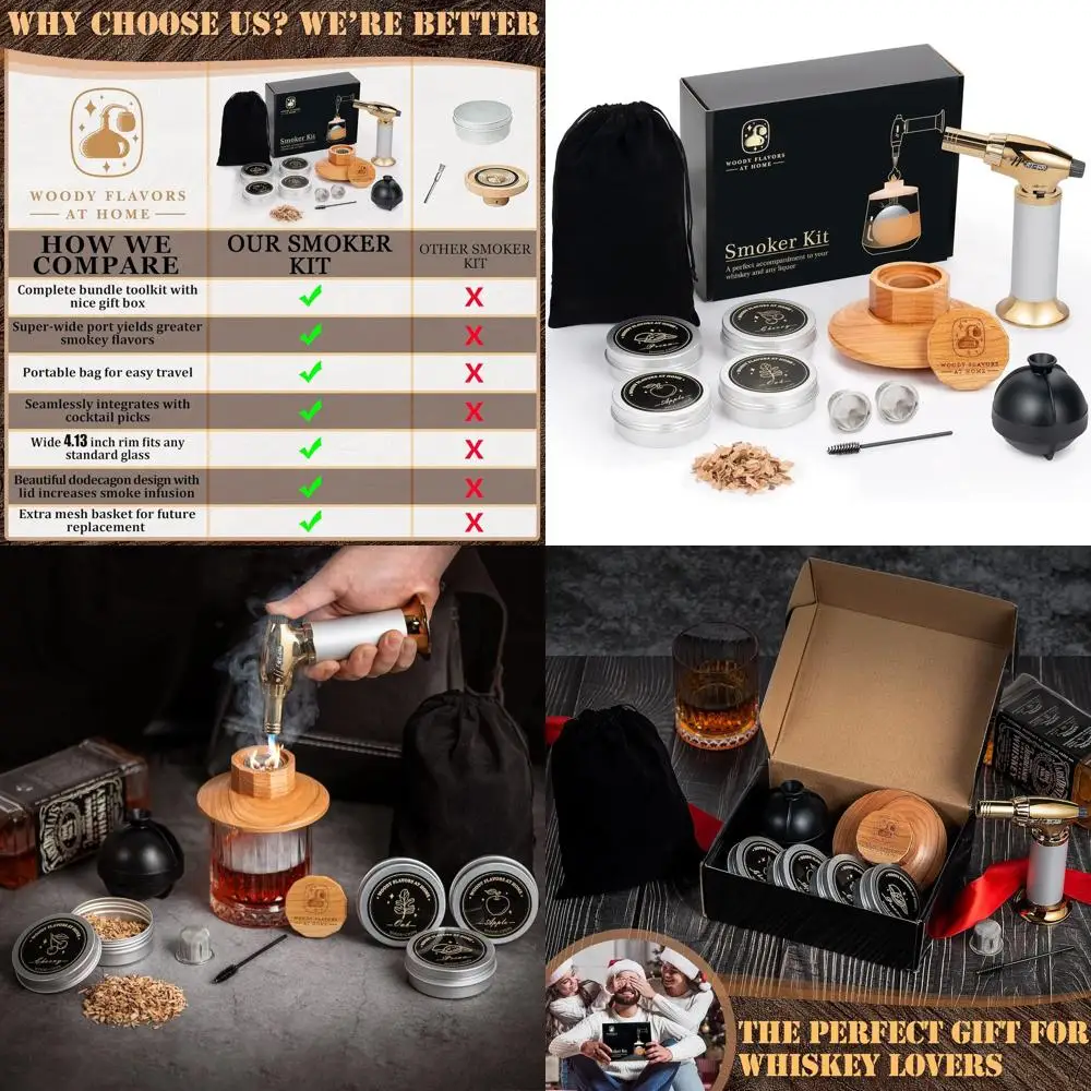 

Cocktail Smoker Kit – Drink Smoker Bartender Kit with Torch, Sphere Ice Molds, Aromatic Wood Chips – Professional Bourbon Smoker
