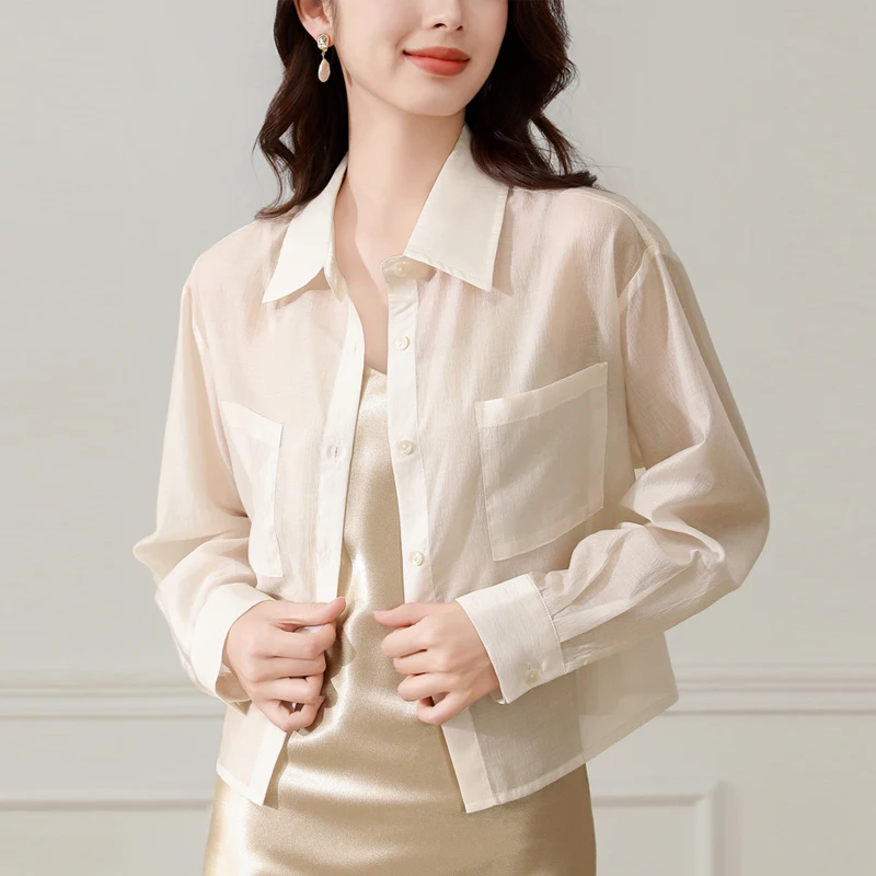 

Women Shirt 2025 Spring Summer Lapel Neck Long Sleeve Crop Solid Pockets Lace-up Female Cozy Blouse Casual Female Sweet Tops