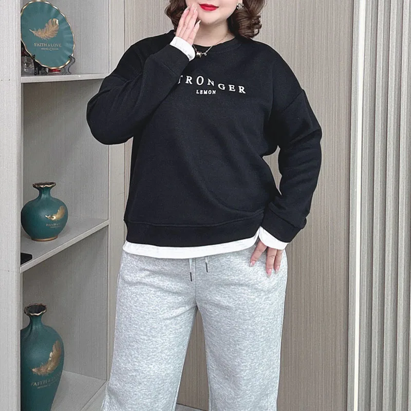 Plus Size Frauen Rundhals Pullover Hoodie Herbst neue lose lässige gefälschte zweiteilige Sweatshirts weibliche Langarm Tops