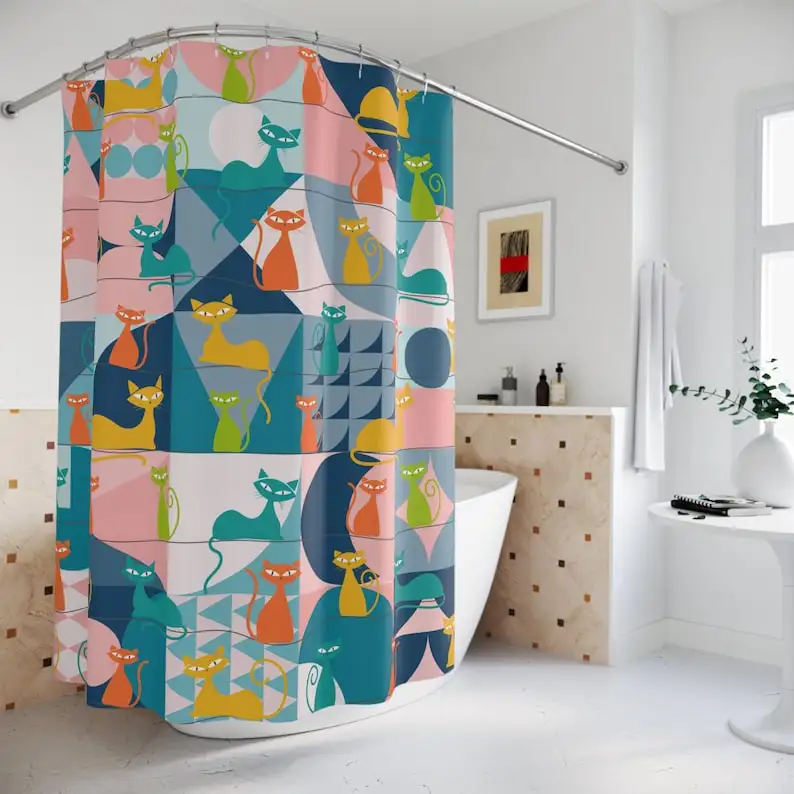 Mid Century Modern Atomic Cats Shower Curtain, Retro Kitsch Teal, Pink, Orange, Yellow Geometric Bath Curtains