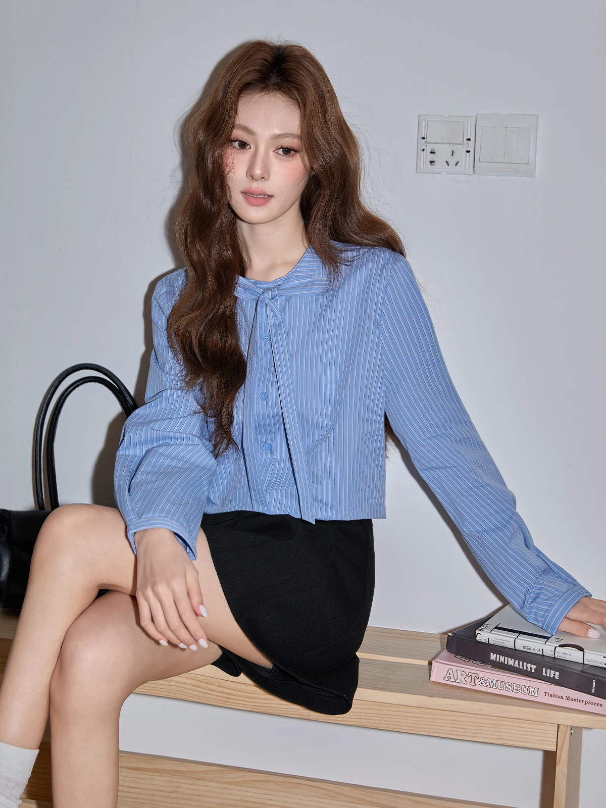 

Blue Striped Loose Women's irt Knot Korean Sle Spring New Arrival Commuter Top round Ne Long Sve Casual irt
