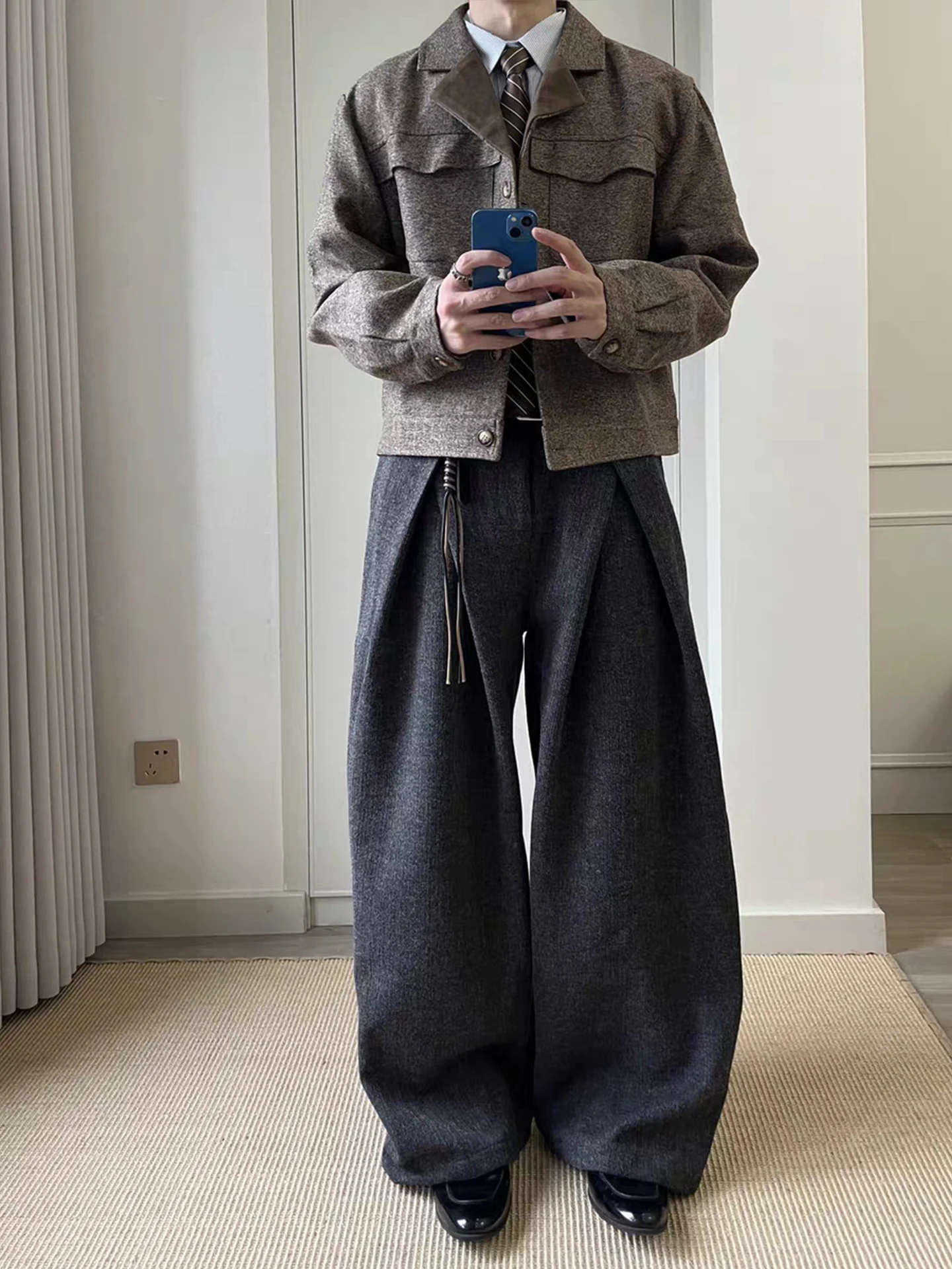 

Мужские повседневные брюки с широкими штанинами, плиссированные, из шерстяного материала, прямого кроя, на осень-зиму, с высокой талией, на молнии, цветные